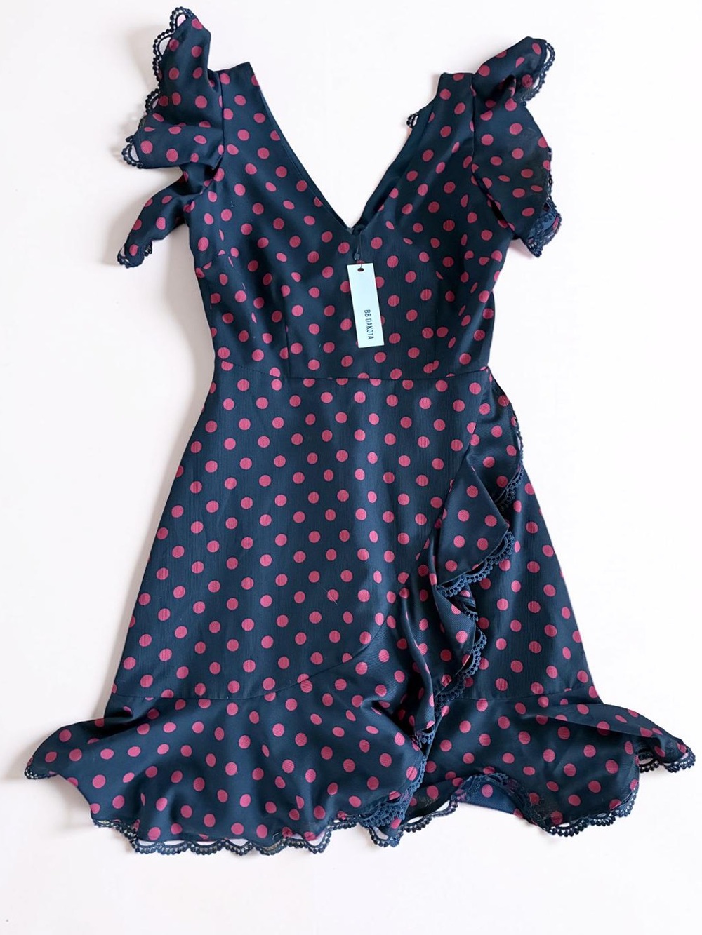 BB Dakota Navy Dress with Red Dot Print and V-Back - Picture 3 of 8